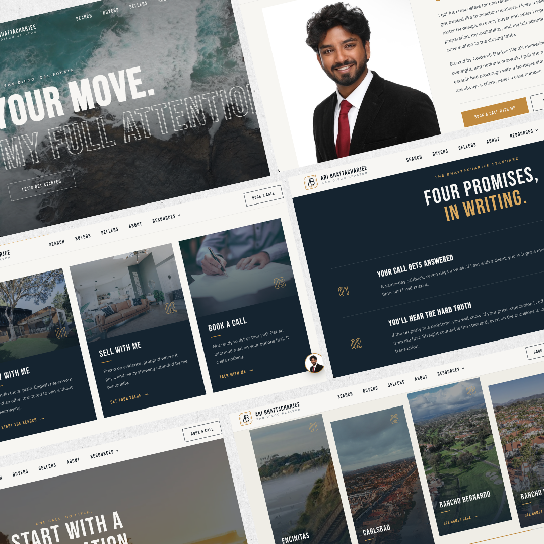 Pages from Ari Bhattacharjee's San Diego real estate website, designed and built by Clozma