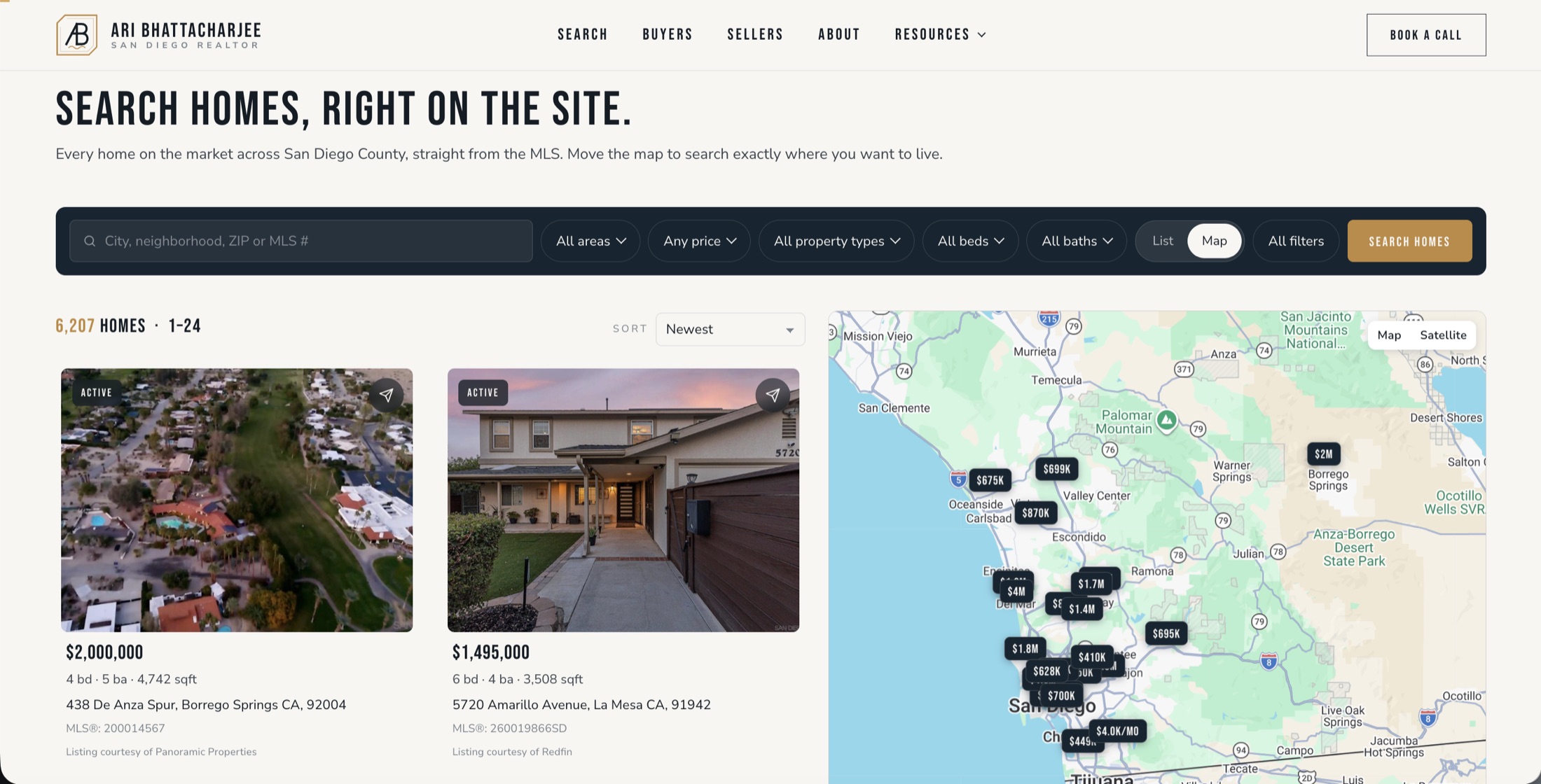 The custom IDX home search Clozma built for Ari Bhattacharjee, showing property cards beside a live map of San Diego County with price pins, above a single filter bar with a list and map toggle