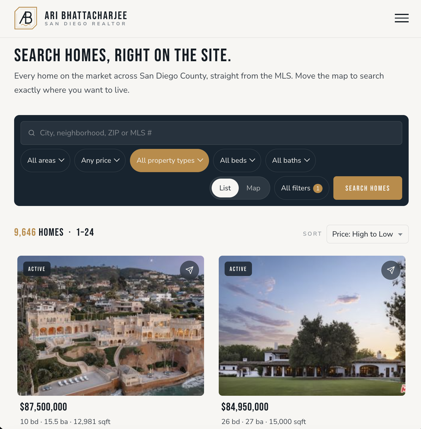 The live IDX search on Ari Bhattacharjee's San Diego real estate website
