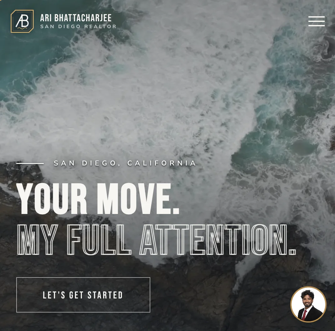 Ari Bhattacharjee's San Diego real estate website, designed and built by Clozma