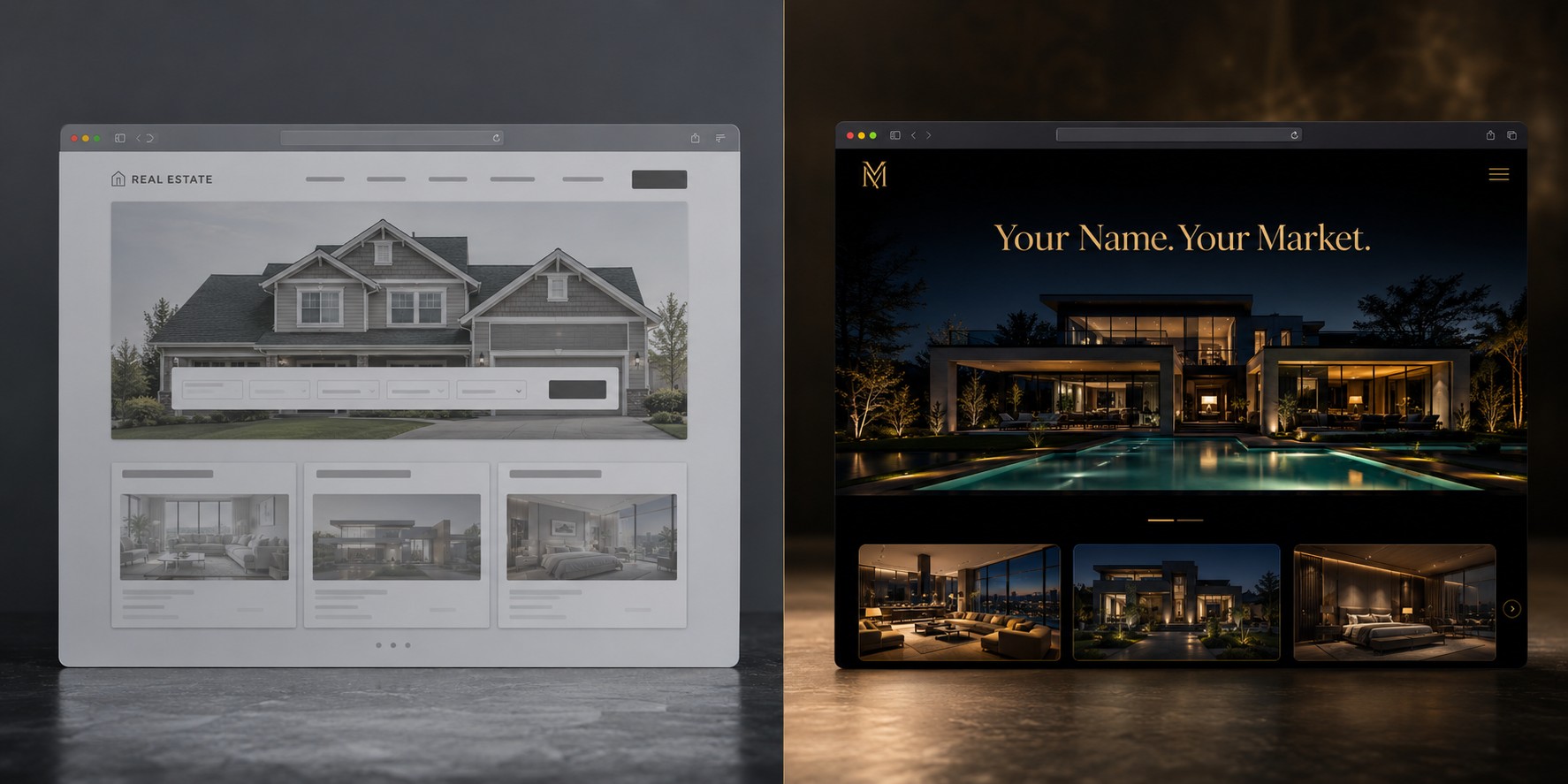 Side by side comparison of a generic real estate website template in grey and a custom branded real estate website at night with the headline Your Name, Your Market