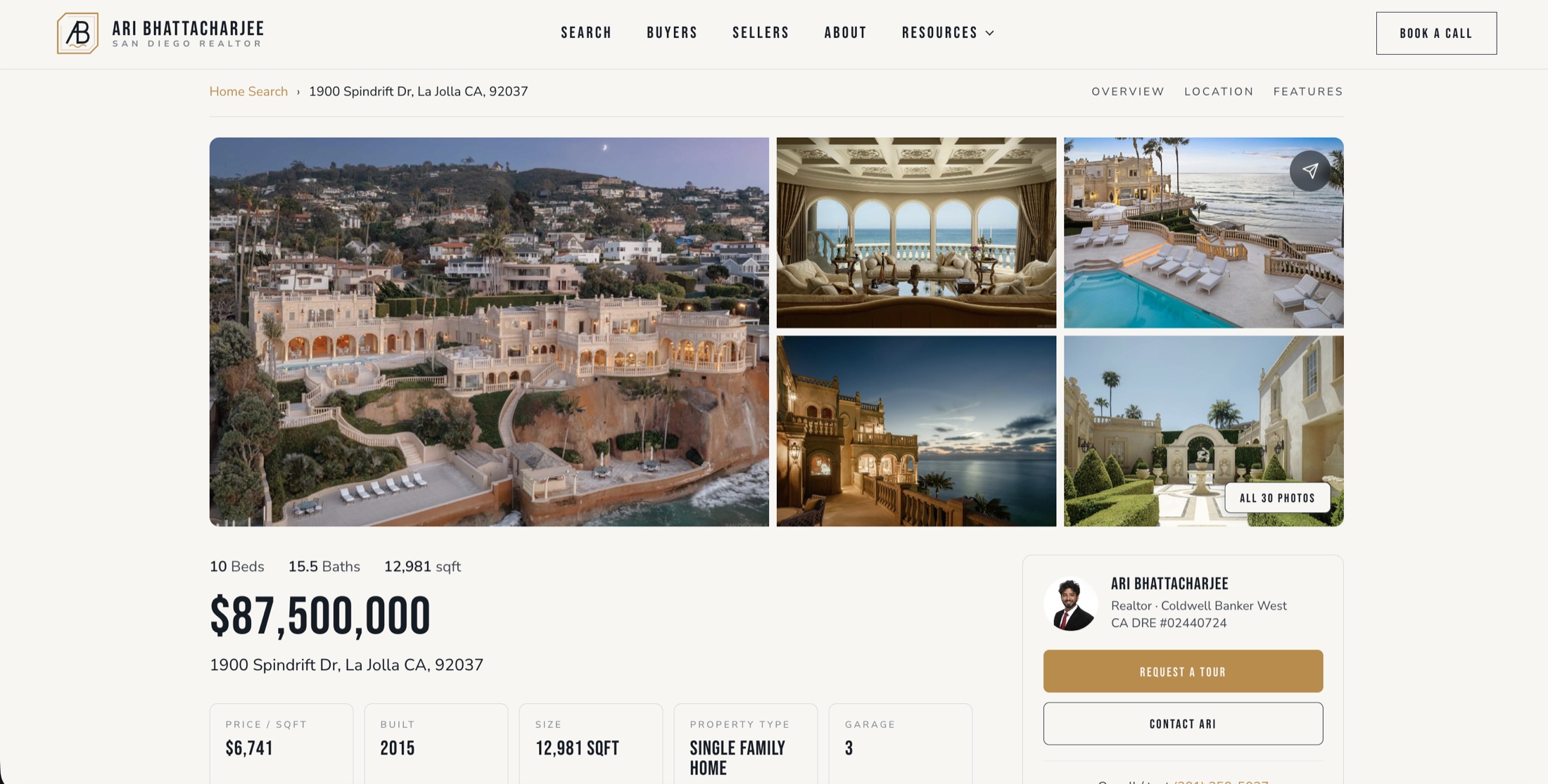 An $87.5 million La Jolla listing page on Ari Bhattacharjee's real estate website, built by Clozma, showing a photo gallery and property details