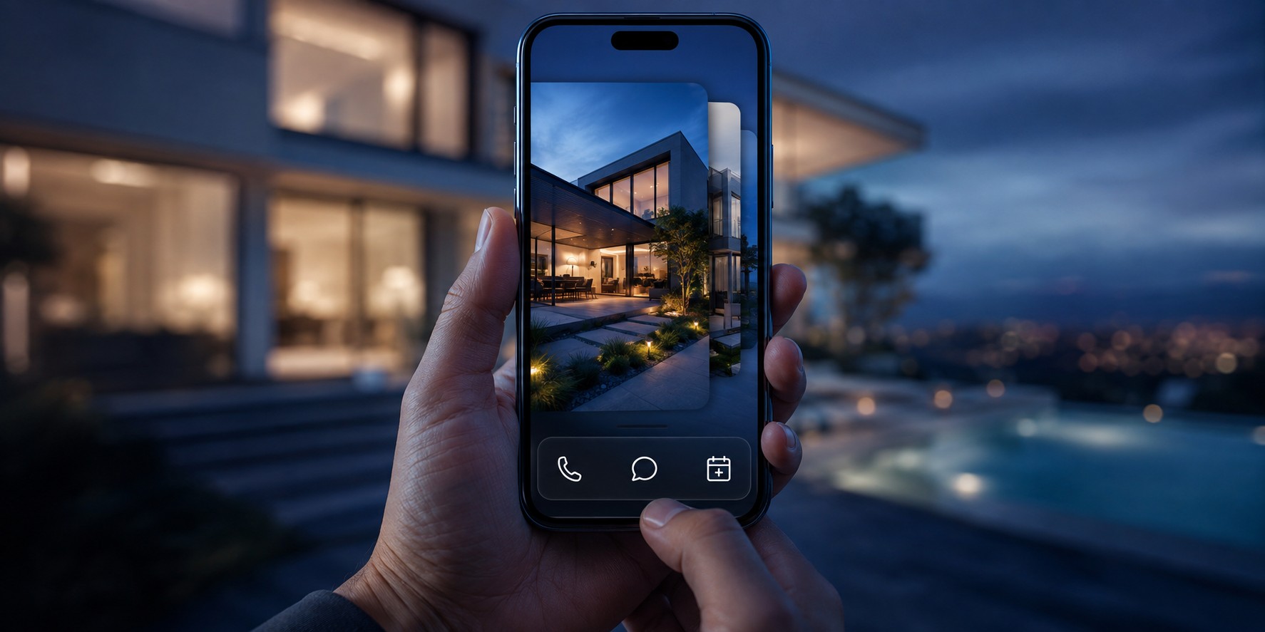 A hand holding a phone mid swipe through a property photo gallery, with a sticky bottom bar showing call, text, and schedule icons