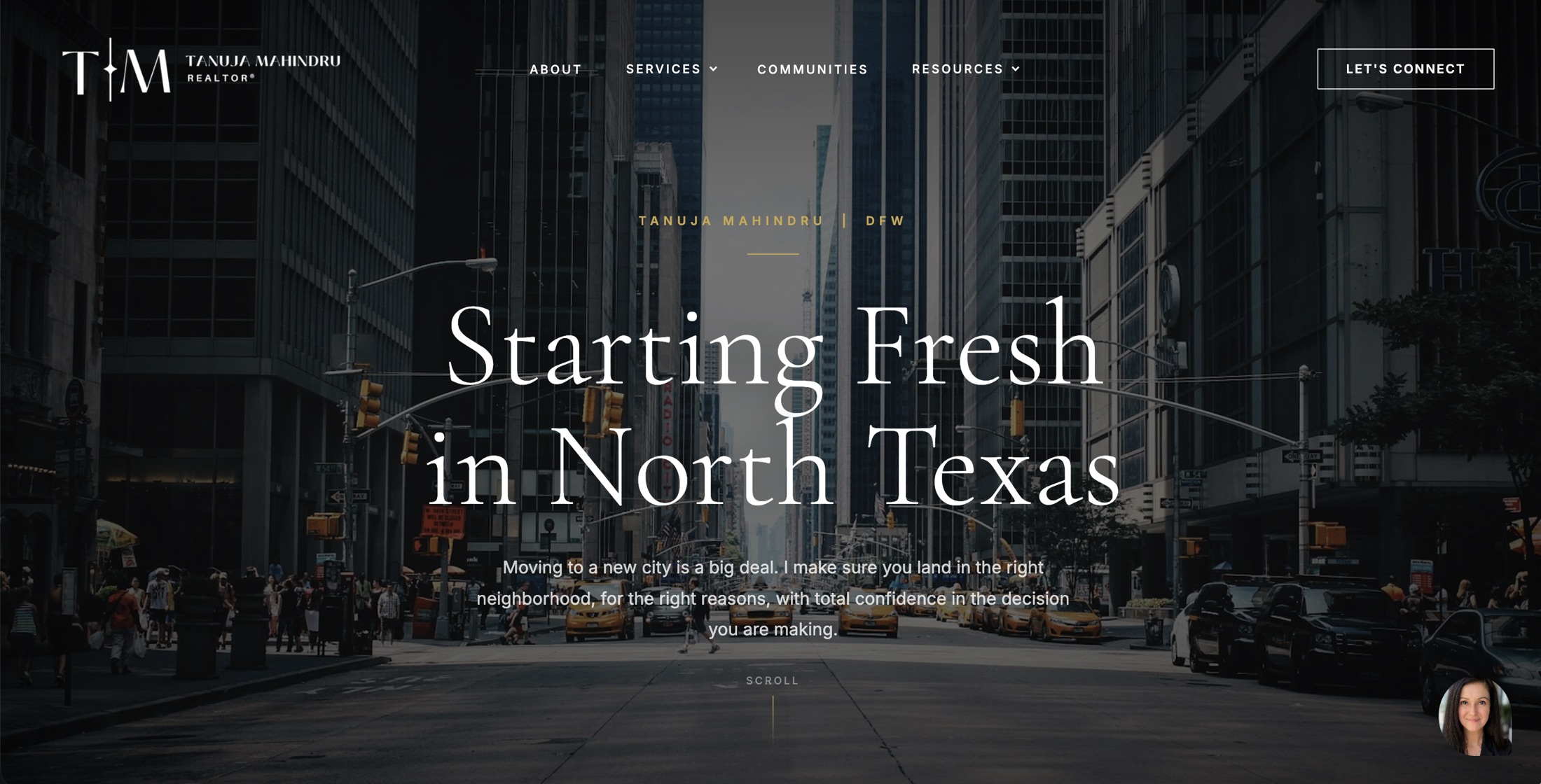 Tanuja Mahindru's real estate website homepage, a New York street scene behind the headline Starting Fresh in North Texas, built by Clozma
