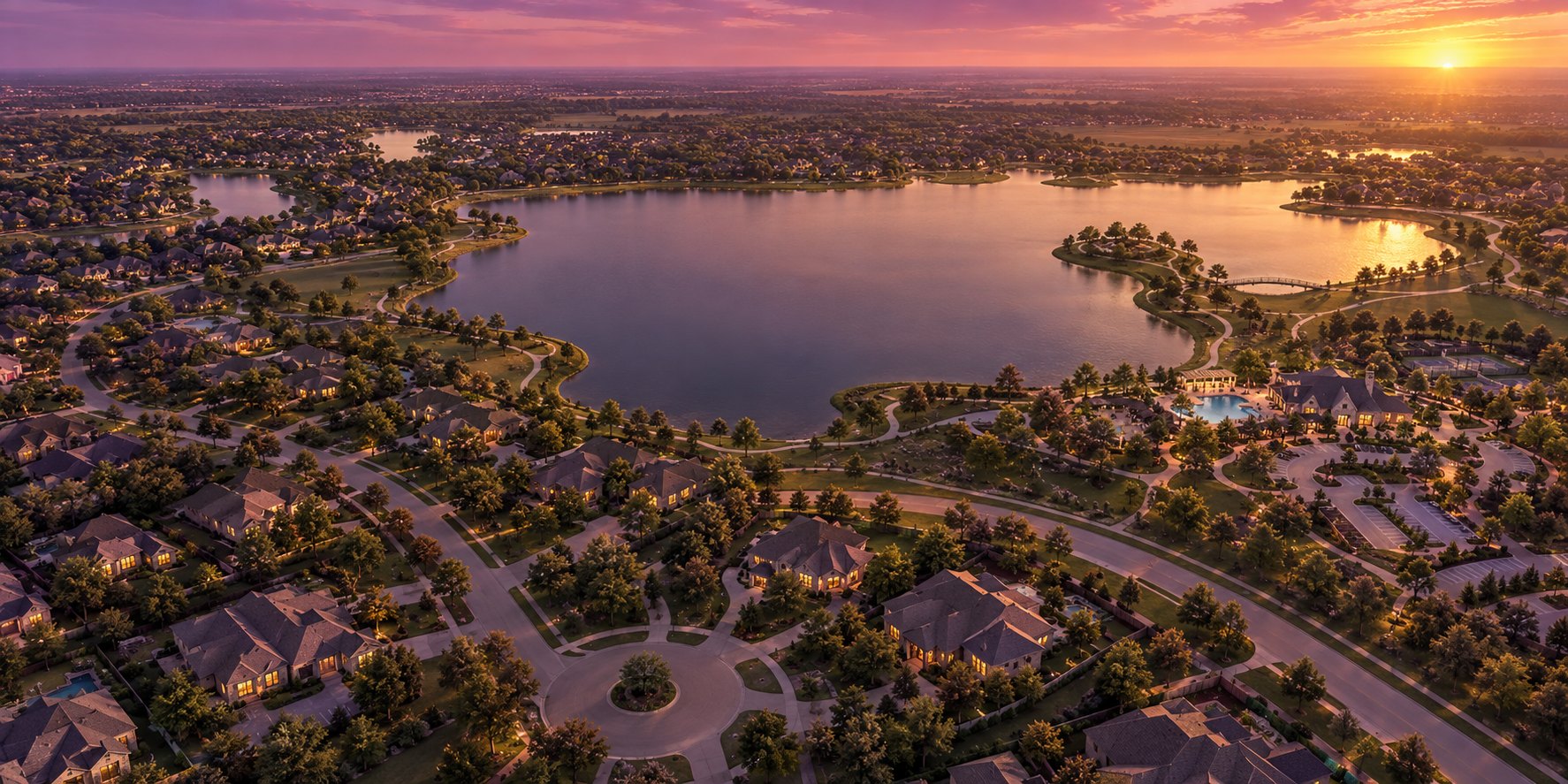 Aerial view at dusk of a master-planned suburban neighborhood built around a large lake, with an amenity center, winding streets, and homes lit from within