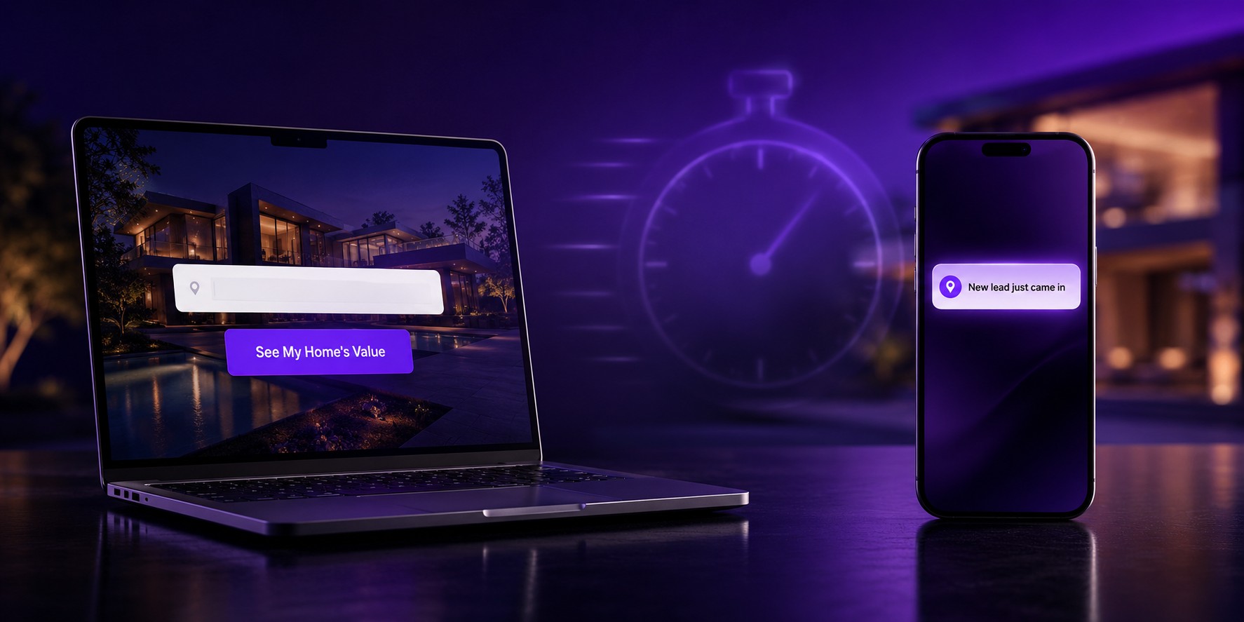 A laptop showing a one field home value form with a See My Home's Value button next to a phone displaying a New lead just came in notification