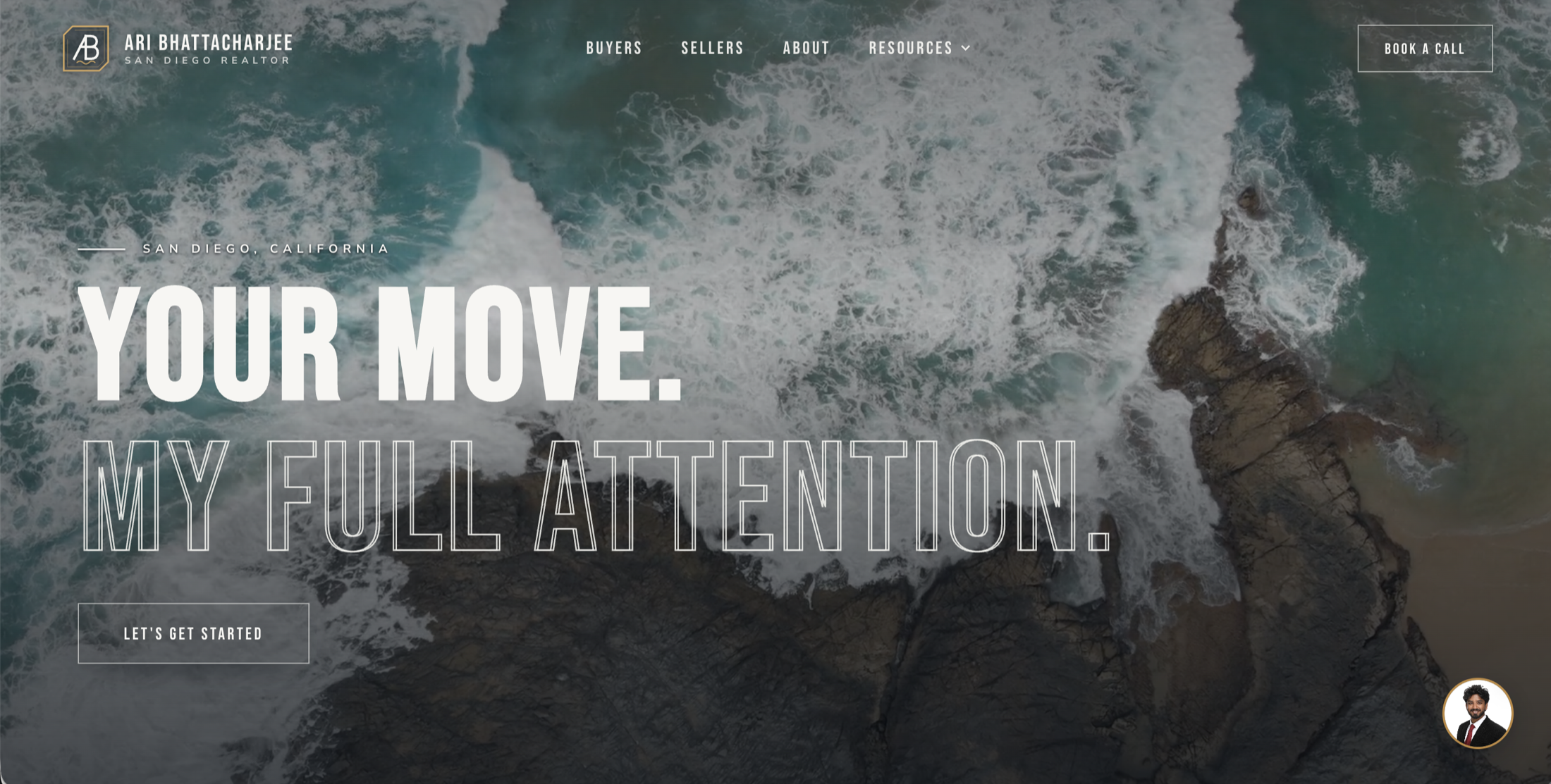 Ari Bhattacharjee's real estate homepage, an aerial shot of ocean waves crashing on rocks with the headline Your move. My full attention.