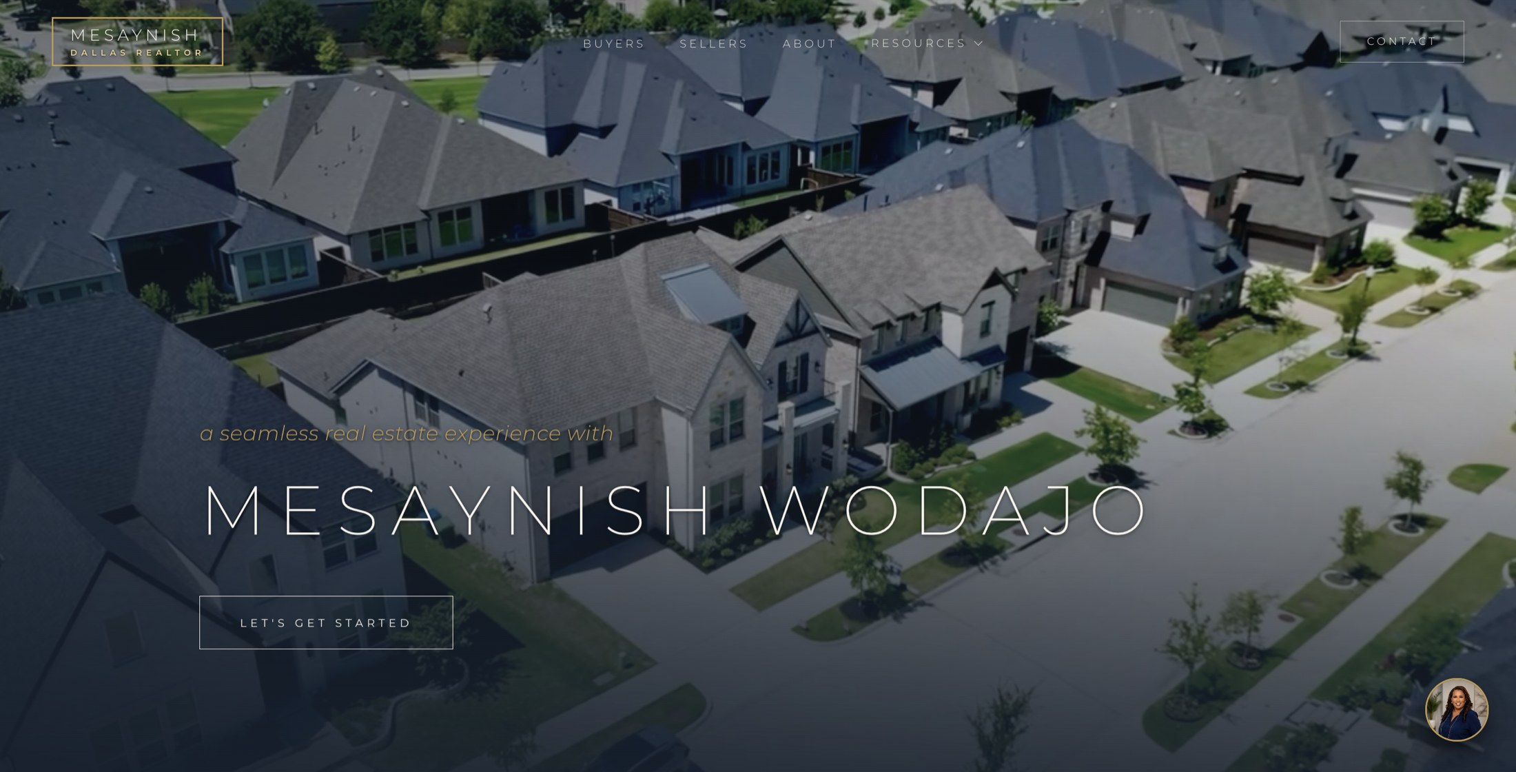 Mesaynish Wodajo's real estate homepage, an aerial view of a Dallas neighborhood with the headline a seamless real estate experience with Mesaynish Wodajo