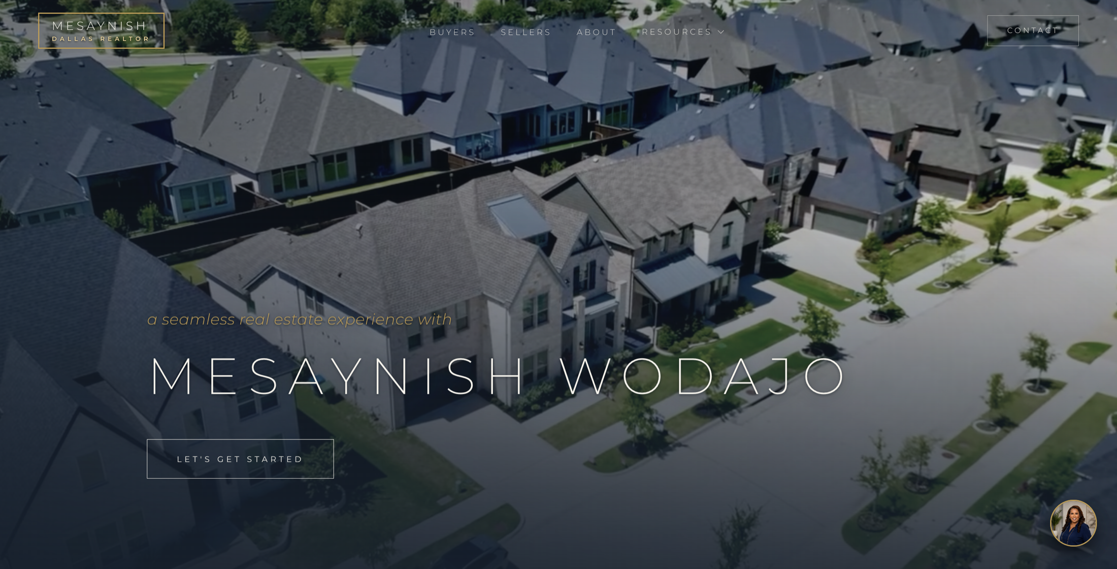 Mesaynish Wodajo's real estate homepage, an aerial view of a Dallas neighborhood with the headline a seamless real estate experience with Mesaynish Wodajo