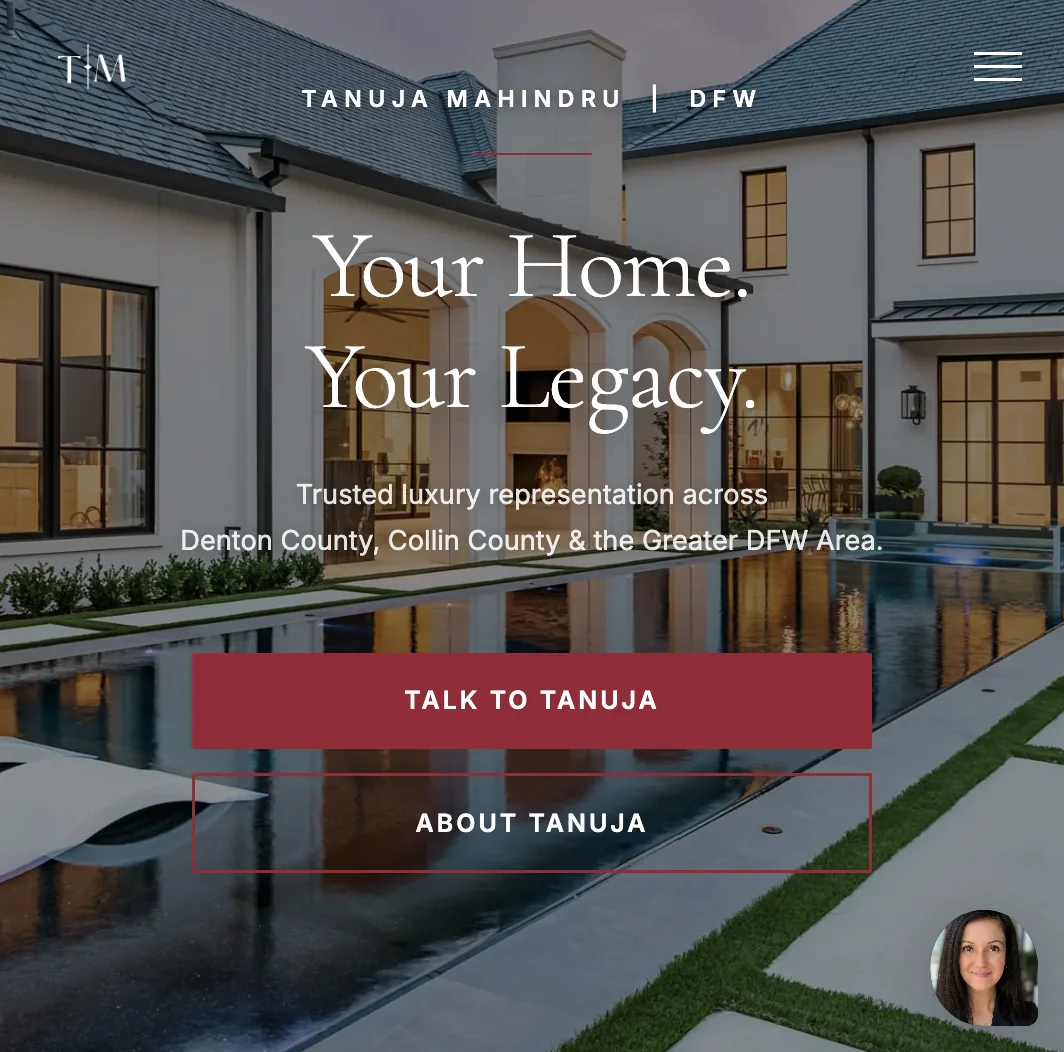 Tanuja Mahindru's North Texas relocation-focused real estate website, designed and built by Clozma
